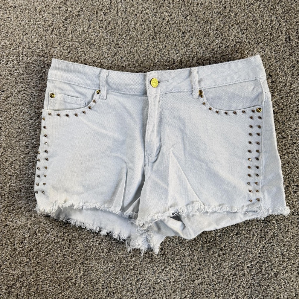 Nicki Minaj Denim Shorts Womens 9/10 White Studded Cut Off Fringe Mid Rise